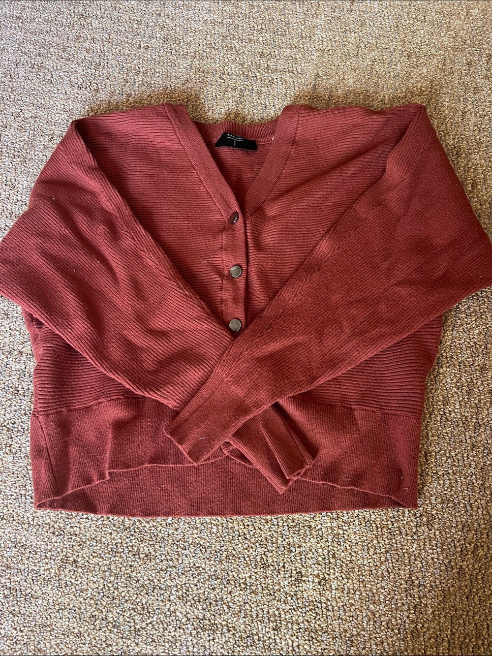 Tahari~ Button-Front Rust Red Ribbed Knit Sweater
